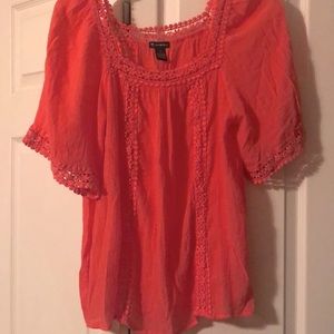 New Directions Coral Peasant Top w/Lace Trim